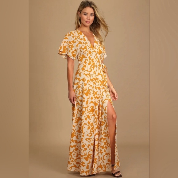 Lulus Dresses & Skirts - NEW Lulus Creative Type Mustard Yellow Multi
Print Wrap Maxi Dress Size Medium